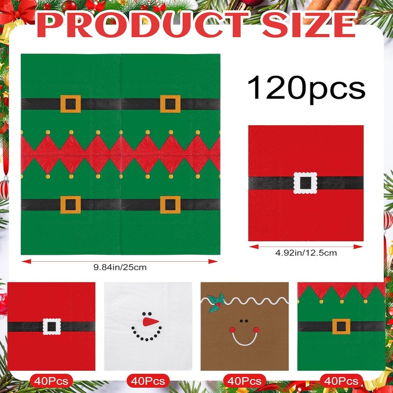 Funtery 120 Pcs Christmas Cocktail Paper Napkins Disposable Snowman Santa Belt Gingerbread Elf 2 Ply Paper Napkins Decor Disposable Christmas Cocktail Guest Hand Towel Xmas for Dinner Table Supplies - Image 3